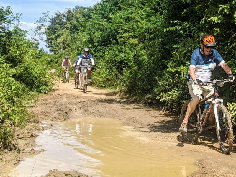 A rider in a Social Cycles jersey leads three others along a muddy single track between green bushes in rural Cambodia