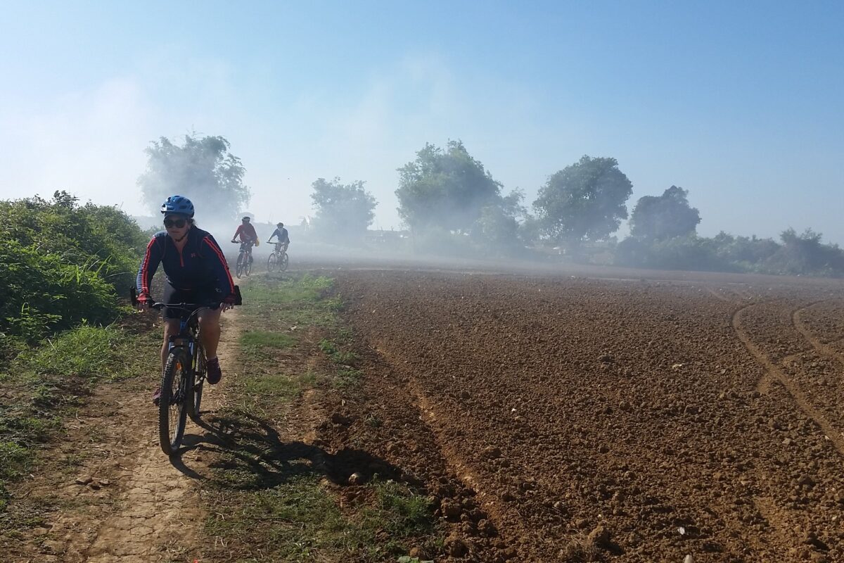Riders come out of the morning haze along a ploughed field