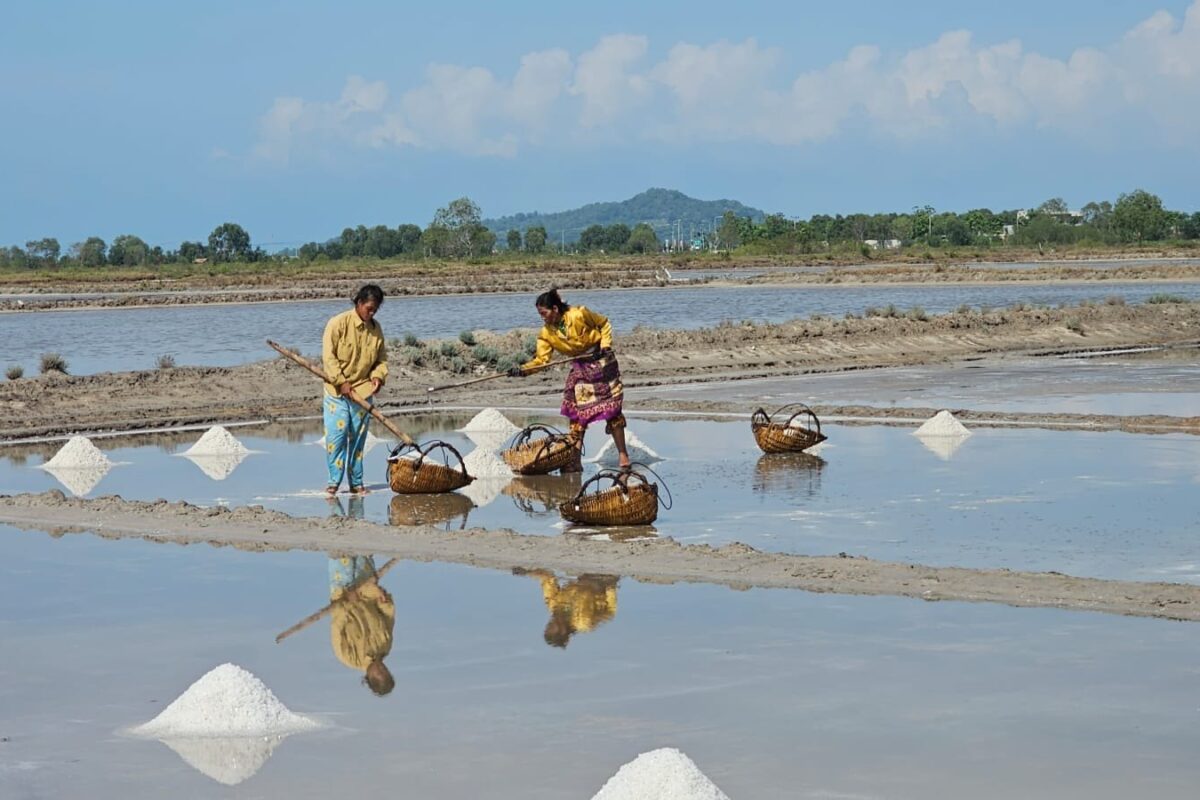 Salt workers carry baskets across flooded salt pans, salt cones mirrored in the water