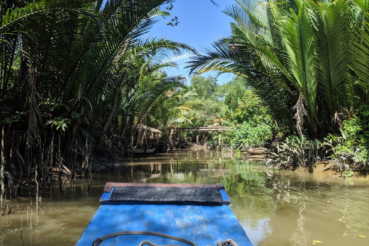 A small boat heads down a canal walled with nipa palms