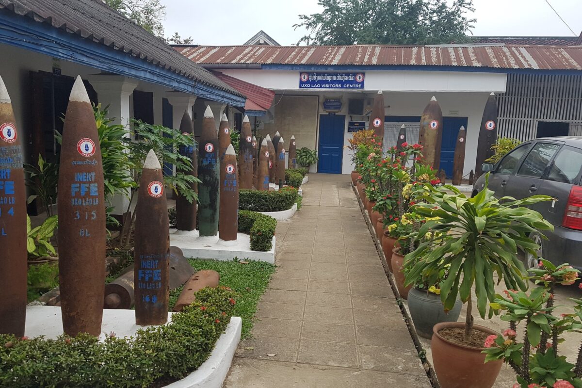 Bomb casings line the path at the UXO visitor centre in Luang Prabang