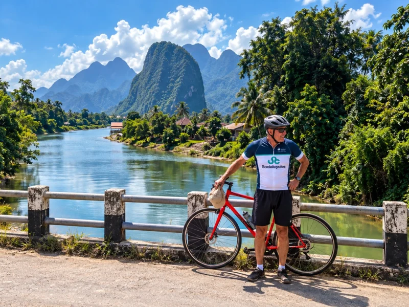A rider in a Social Cycles jersey standing beside a red bike on a riverside bridge, karst mountains and palm trees behind, Laos