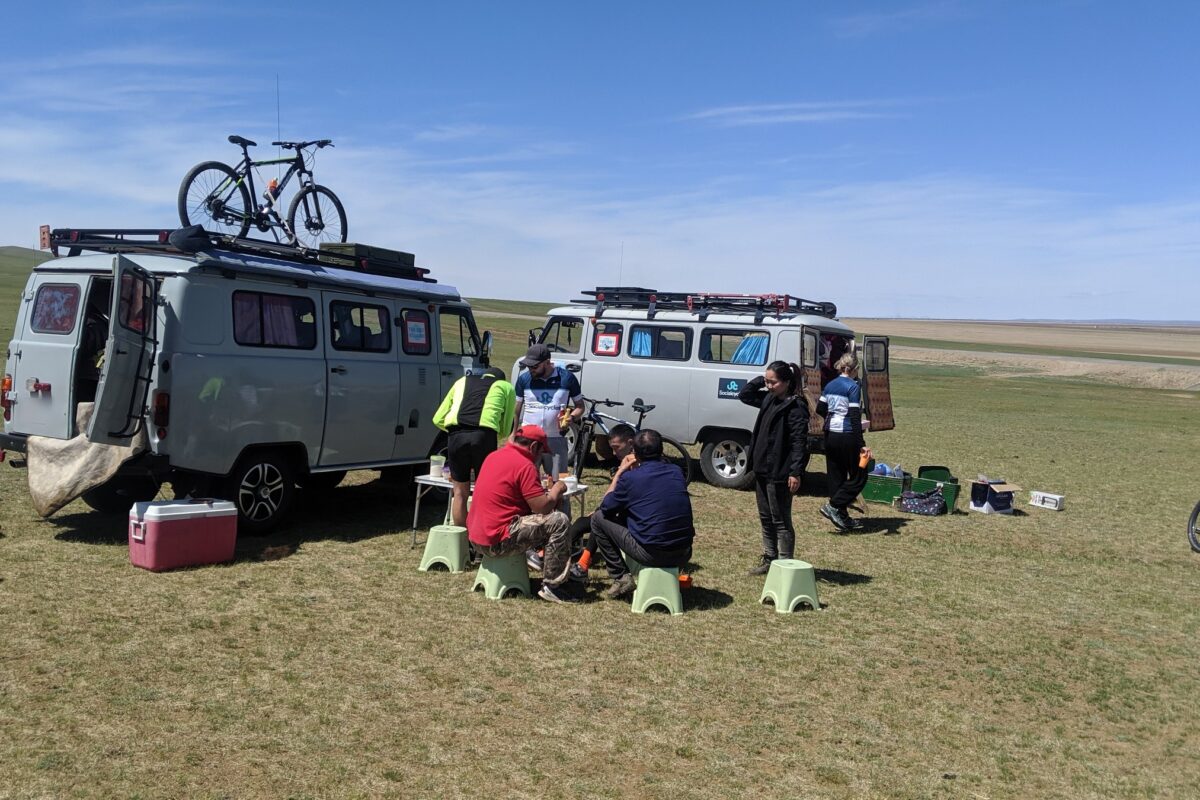 Lunch on the steppe beside the two support vans